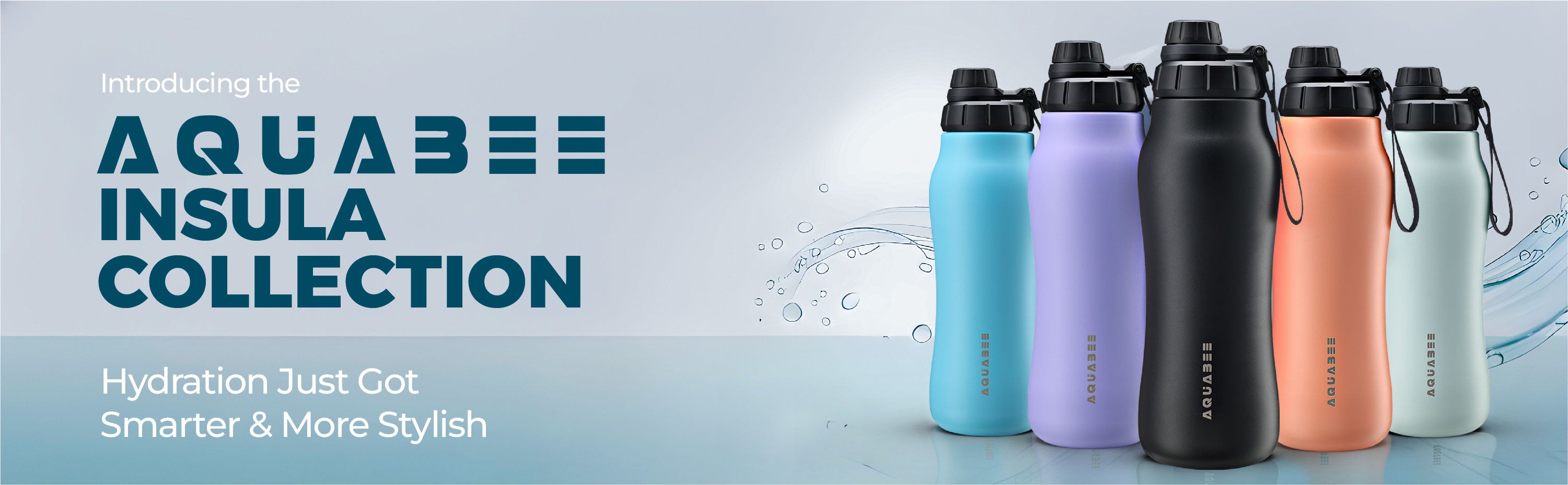 Aquabee insula collection water bottles on a light blue background with water droplets.