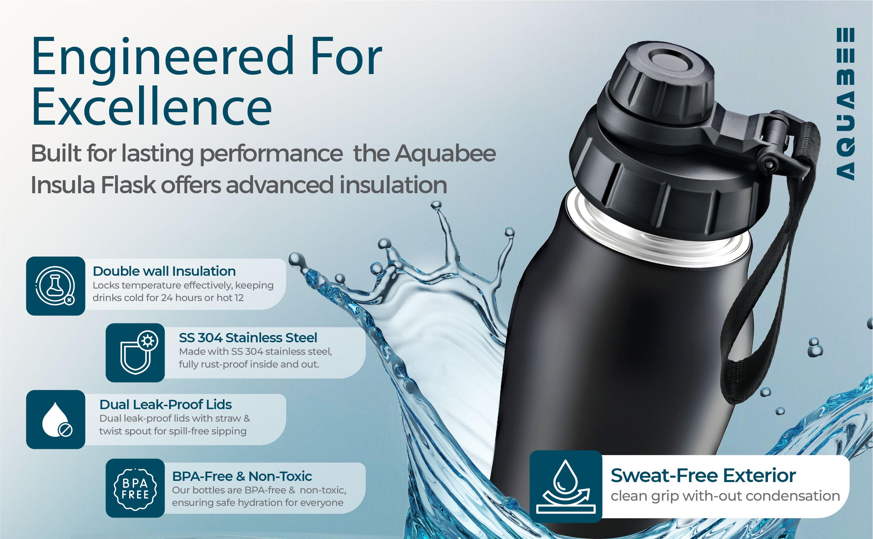 Aquabee insulated flask with water splash graphic on a light blue background